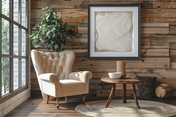 Scandinavian living room with wing chair, rustic wooden coffee table, and framed art on walls