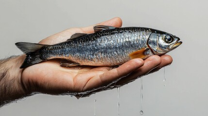Naklejka premium Person Holding Fresh Fish in Hand with Water Dripping Against White Background