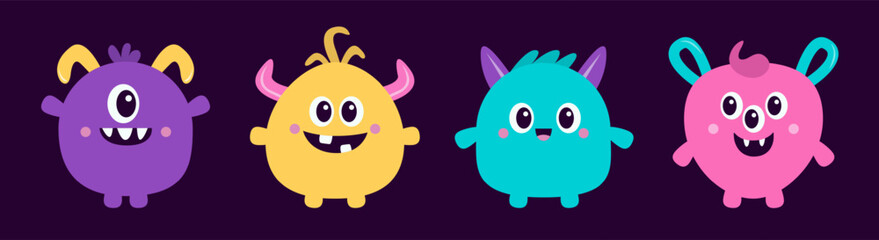 Happy Halloween. Monster icon set line. Cartoon kawaii funny character. Colorful silhouette monsters. Cute face with horns, teeth, eyes hands. Childish collection. Flat design Black background Vector