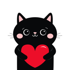 Black cat kitten kitty holding red heart. Cute cartoon kawaii funny animal baby character. Flat design. Happy Valentines Day. Love card. Childish style. White background. Isolated. Vector illustration
