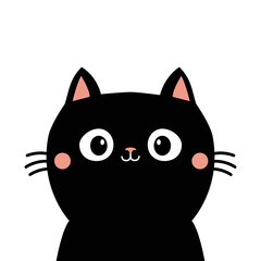 Cute black cat kitten silhouette icon. Funny kawaii animal. Smiling face. Cute cartoon pet baby character. Greeting card. Sticker print. Childish style Flat design. White background. Vector