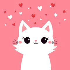 Cute cat face head. White fluffy kitten. Happy Valentines Day. Cartoon funny kitty character. Kawaii animal in love. Greeting card . Flat design. Pink background. White red hearts. Vector illustration