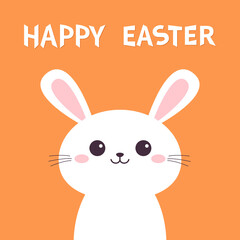 Happy Easter. Cute white rabbit bunny hare silhouette icon. Smiling face head. Pink cheeks. Kawaii cartoon funny baby character. Valentines Day. Greeting card. Orange background. Flat design. Vector