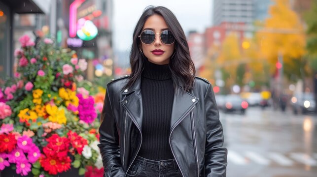 Confident Woman in Black Leather Jacket Posing in City Street