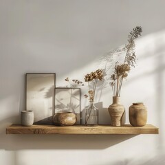 Storage organization solution for home interior with wood floating shelf, frames, vases on white wall in modern living room design