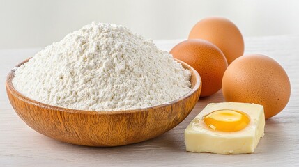 Fresh Ingredients for Baking with Flour, Eggs, and Butter on a Bright Wooden Surface