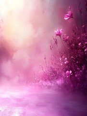 A dreamy landscape featuring soft pink flowers blooming amidst a pastel background, creating an ethereal and tranquil atmosphere perfect for mindfulness and relaxation.