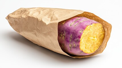 Baked Purple and Yellow Sweet Potato in Brown Paper Bag on White