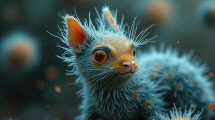 Obraz premium A small creature with striking blue fur and large expressive eyes moves through a colorful and whimsical landscape. The environment is filled with soft textures and bright hues