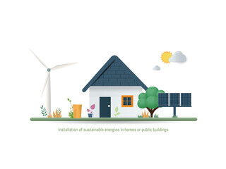 Naklejka premium Illustration of a house with solar panels and wind turbine, representing the use of renewable energy and sustainability in buildings.