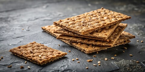 A stack of crunchy, seeded crackers on a dark surface