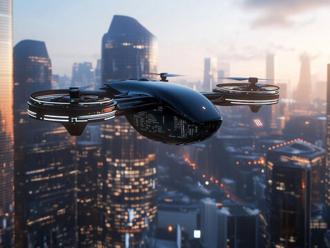 Futuristic Drone Over City Skyline