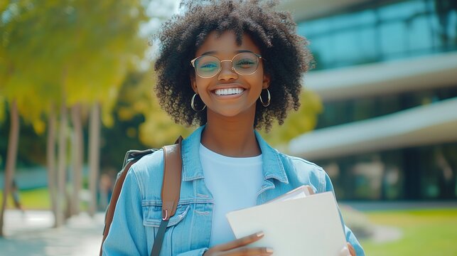 estudante usando oculos,, menina, negra com cabelo cacheado afro, usando jaqueta jeans,  segurando livros e cadernos.