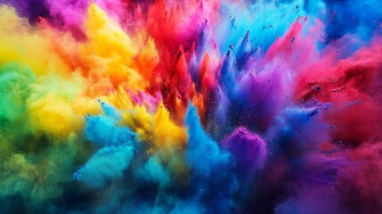 Abstract rainbow-colored powder explosion celebrating Holi, bright reds, blues, and yellows filling the air, contrasting with a dark background for a vivid and joyful look 