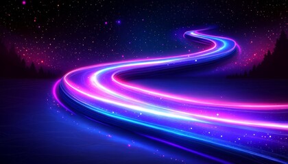 Winding Neon Path, Abstract Blue and Pink Light Trails on a Starry Night, Digital Art Background