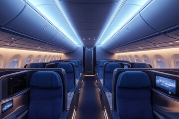 Modern and comfortable first class seats are waiting for passengers inside an empty airplane cabin, showing blue textile upholstery and ambient lighting