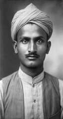 Fototapeta premium Vintage Black and White Portrait of a Man in Traditional Attire, Early 20th Century. Generative AI