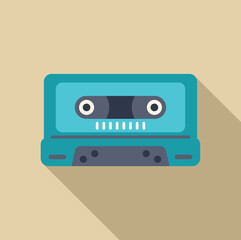 Turquoise audio cassette tape playing music with long shadow on beige background, representing nostalgia and vintage technology