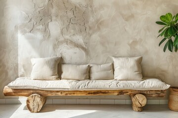 Cozy Living Room with Rustic Charm: Wood Log Bench, Beige Cushions Against Stucco Wall, Ideal for Boho Home Decor
