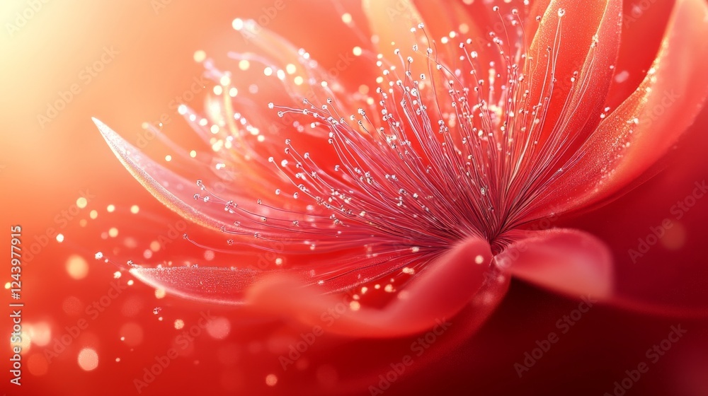 Poster Glassy flower shape formed by flying lines with a vibrant red gradient on a solid background in an artistic poster style