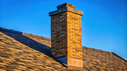 New Brick Chimney on a Shingle Roof under a Clear Blue Sky