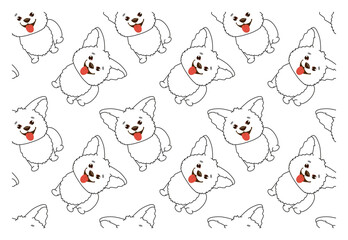 Seamless simple pattern with adorable corgi puppy - character with happy faces. Vector pattern for fabric, cover, wrapping paper.