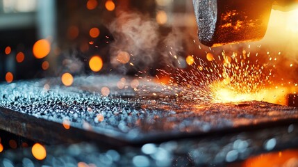 Sparkling Metalwork Process with Hammer and Fiery Background Effects