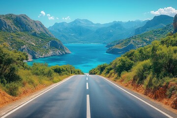 Fototapeta premium Empty asphalt road stretching toward a stunning bay featuring turquoise waters, framed by majestic mountains under a bright summer sky, creating a serene and picturesque landscape
