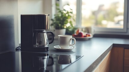 On the cooking countertop is a contemporary coffee maker with a cup