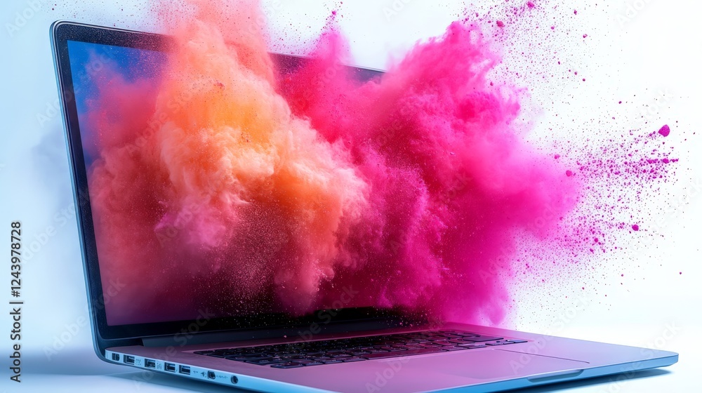 Poster Colorful powder bursts forth from a laptop screen creating a vibrant and artistic display against a clean white background