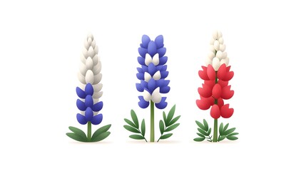 Obraz premium Colorful Stylized Flowers in White, Blue, and Red with Green Leaves