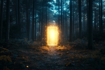 Fototapeta premium Concept of natural beauty and tranquility. Concept for a mystical forest entrance with a glowing portal framed by trees, enchanting atmosphere, magical journey, nature, illumination