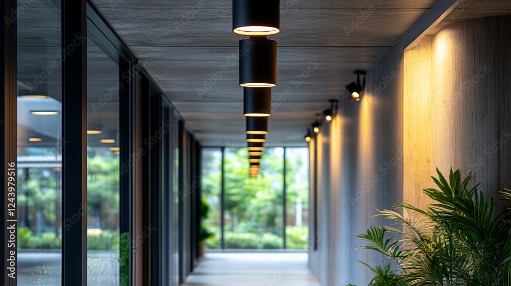 Poster elegant corridor adorned with sleek black suspended spotlights illuminating lush greenery in a moder