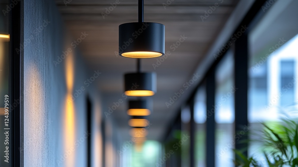 Aufkleber illuminated corridor featuring sleek black track spotlights creating a modern ambiance with soft lig
