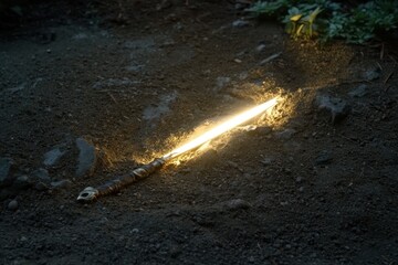 Glowing Sword Illuminates Forest Floor in Mysterious Night Scene