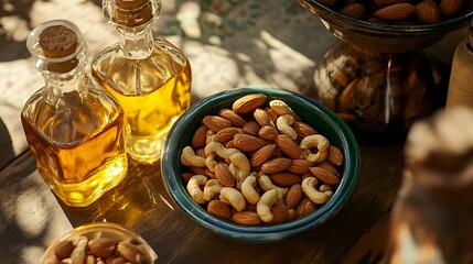 On an opaque grainy appear clear bottles filled with oil ring a bowl of mixed nuts