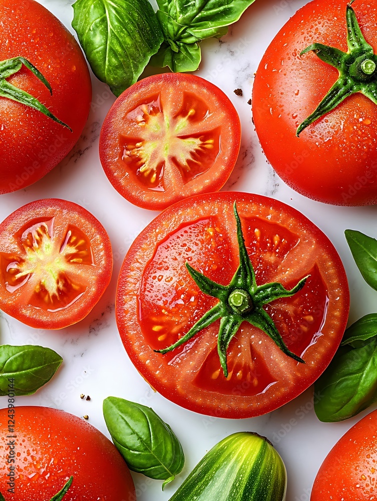 Canvas Prints Ripe Tomatoes, Basil, Marble Background, Food Photography