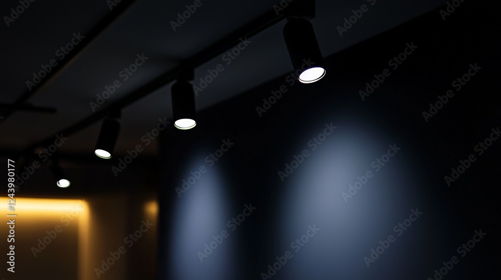 Poster illuminating the dark ambience with track lighting enhances the mood and depth of the space perfectl