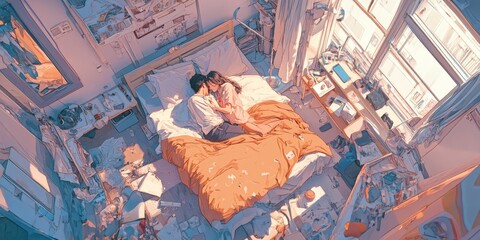 A joyful couple riding a vintage blue scooter through a charming European street filled with flowers and pastel buildings