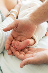 Father's hands holding tiny newborn baby's foot in hospital