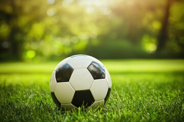 Fototapeta premium A close-up of a classic black and white soccer ball resting on vibrant green grass under soft sunlight.