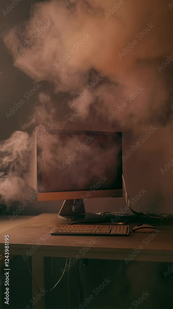 Poster Orange smoke coming out of a desktop computer screen on a desk with a keyboard and mouse, illustrating the concept of fire hazard and computer failure
