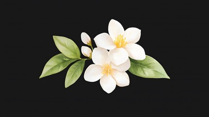 Obraz premium Elegant White Blossoms with Green Leaves on Dark Background