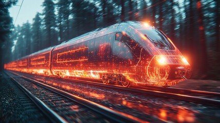 Futuristic train moving fast through misty forest