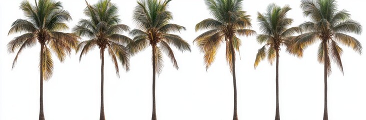 Seven palm trees stand tall against a bright white background, their fronds gently swaying in a soft breeze
