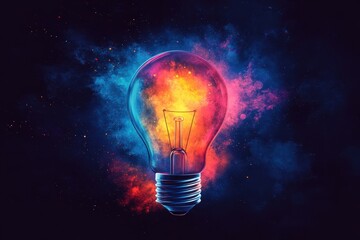 Vibrant Light Bulb Design with Colorful Cosmic Background