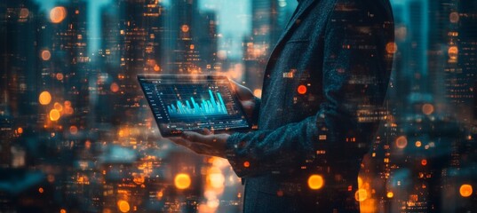 Businessman with Futuristic Display Graph Trends Upward Over Cityscape Background Vibrant Concept