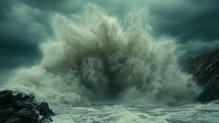 Dramatic ocean wave crashing on rocky coast, stormy sky