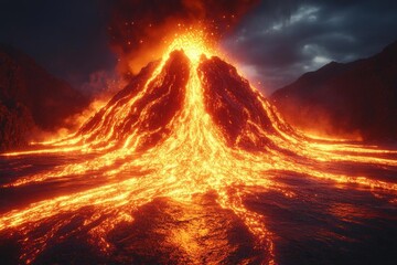 Fiery Volcano Eruption at Night