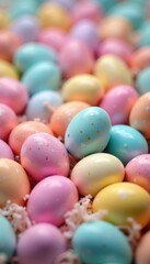 A vibrant mound of pastel Easter eggs, speckled and shiny , bunny, egg hunt
